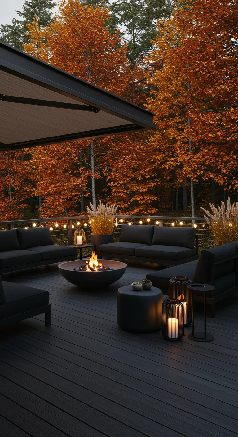 Terrasse moderne avec brasero central, mobilier sombre, guirlandes LED et arbres aux couleurs d'automne.