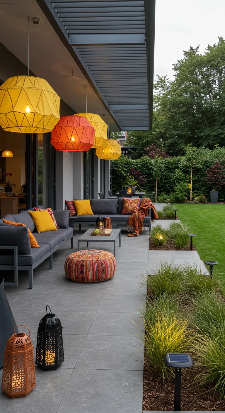 Terrasse moderne avec canapé gris, lampions géométriques jaunes et orange, et pouf coloré.
