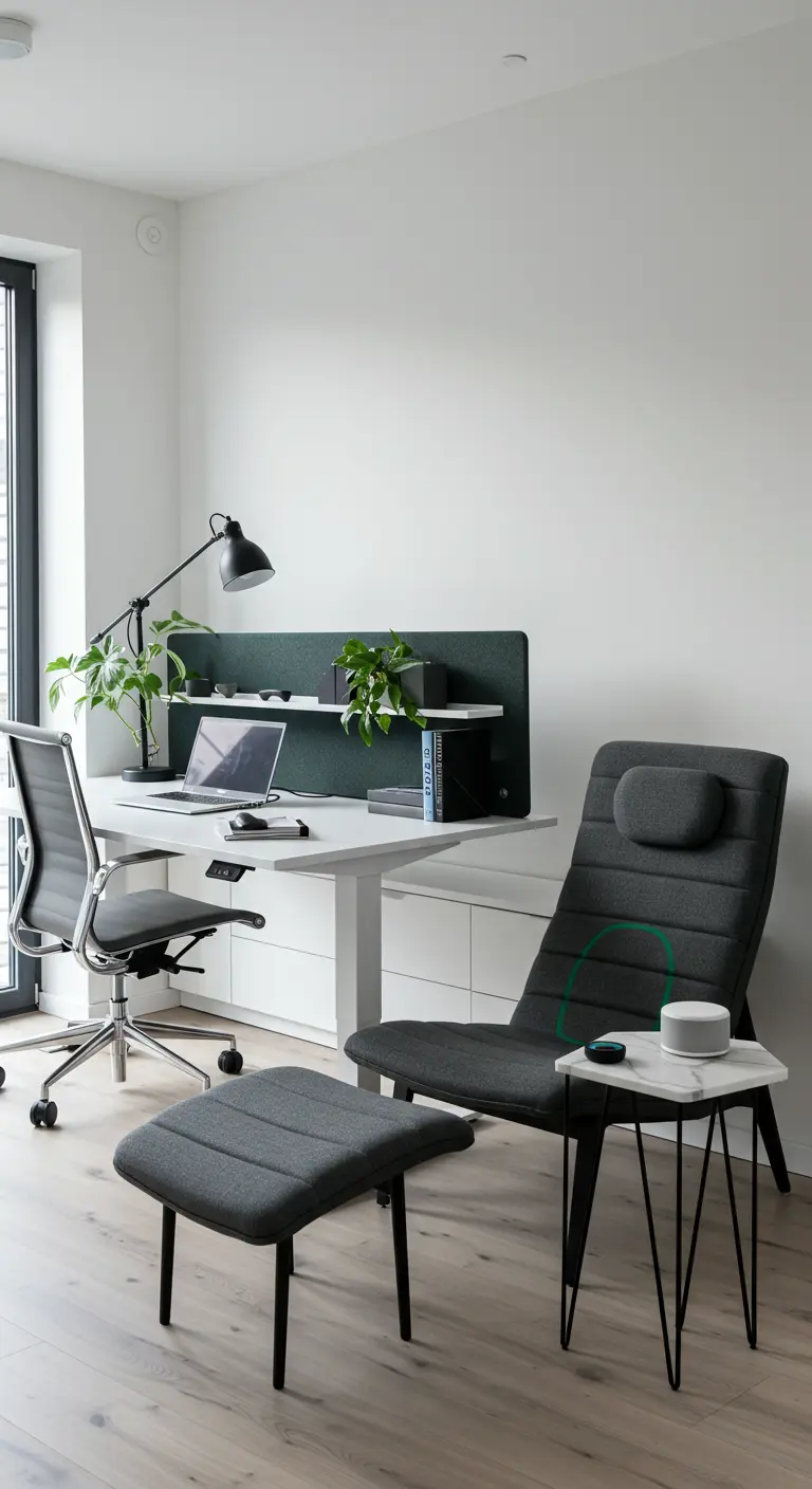 Bureau moderne réglable en hauteur avec chaise ergonomique, fauteuil de détente et plantes.