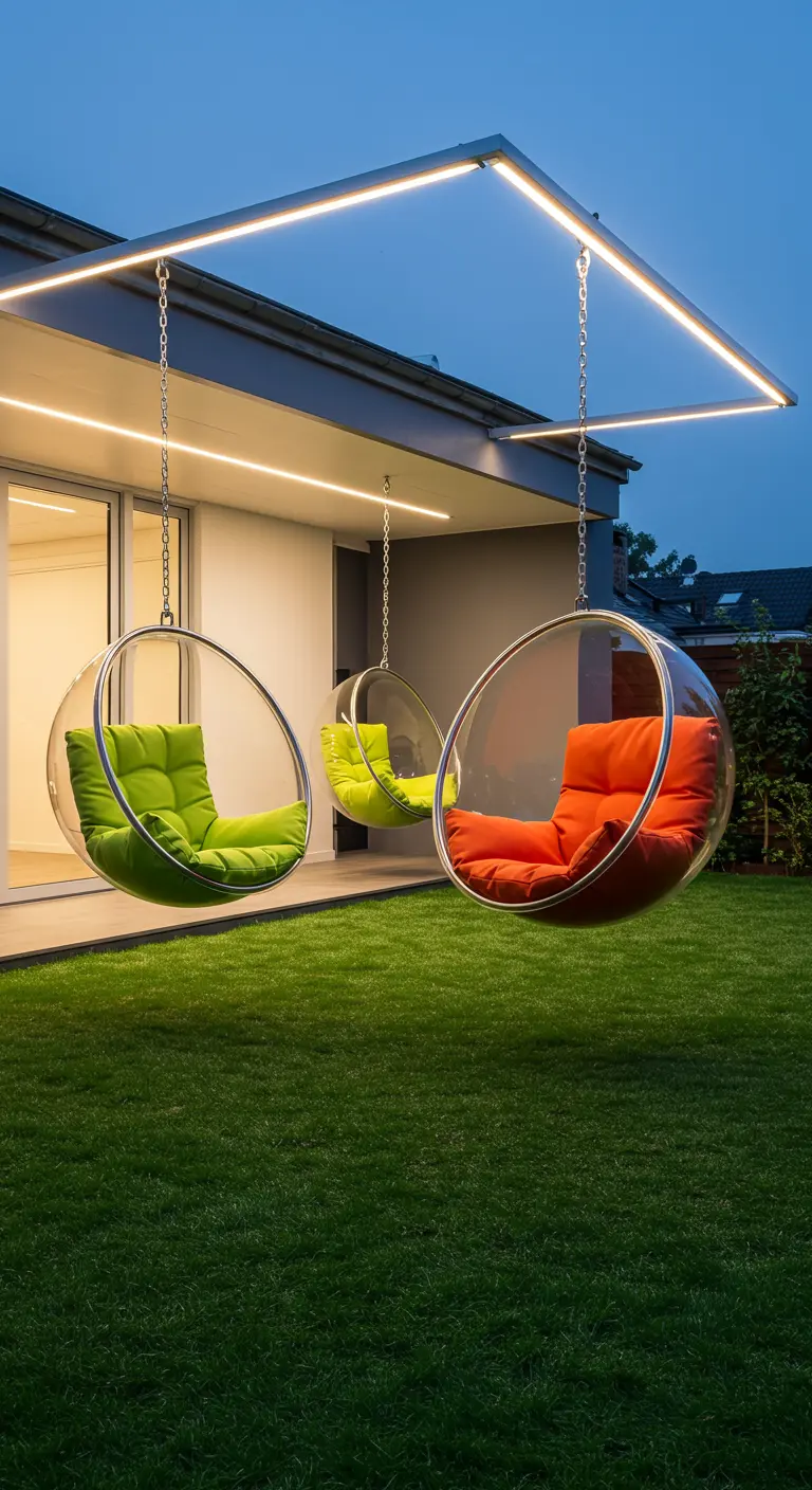 Trois fauteuils bulles transparents suspendus avec coussins colorés sous une structure LED lumineuse.