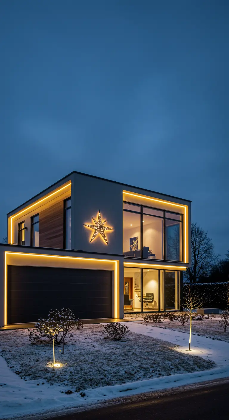 Maison moderne blanche illuminée par des rubans LED jaunes et une étoile lumineuse géante sur la façade.