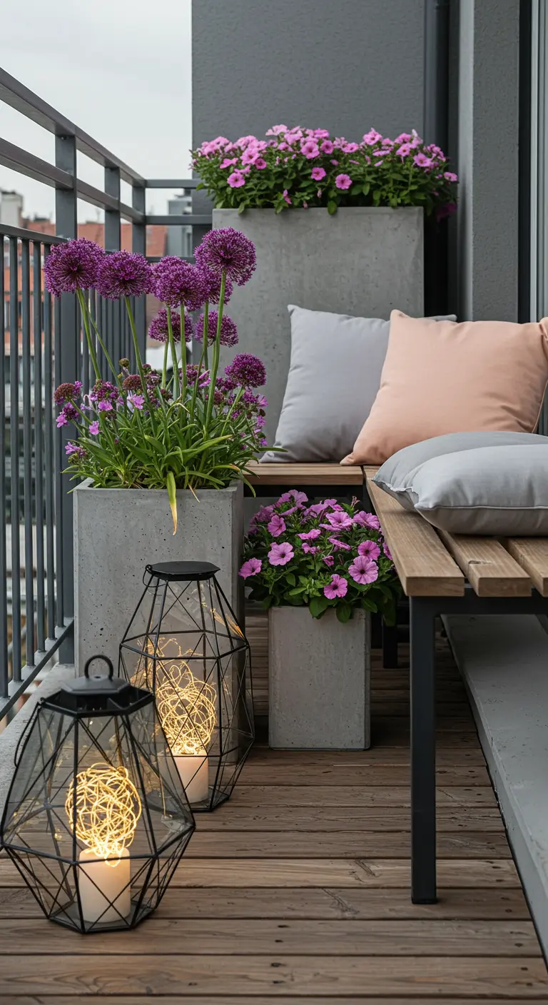Balcon urbain avec mobilier bois, pots béton gris, fleurs violettes et lanternes géométriques noires.