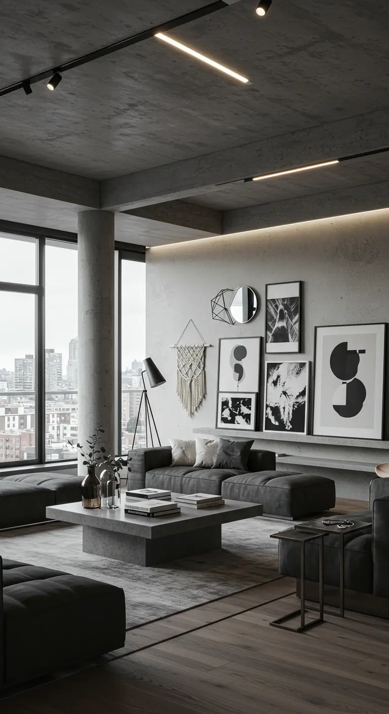 Mur de salon moderne avec une galerie de cadres noir et blanc, un miroir rond et un macramé géométrique.
