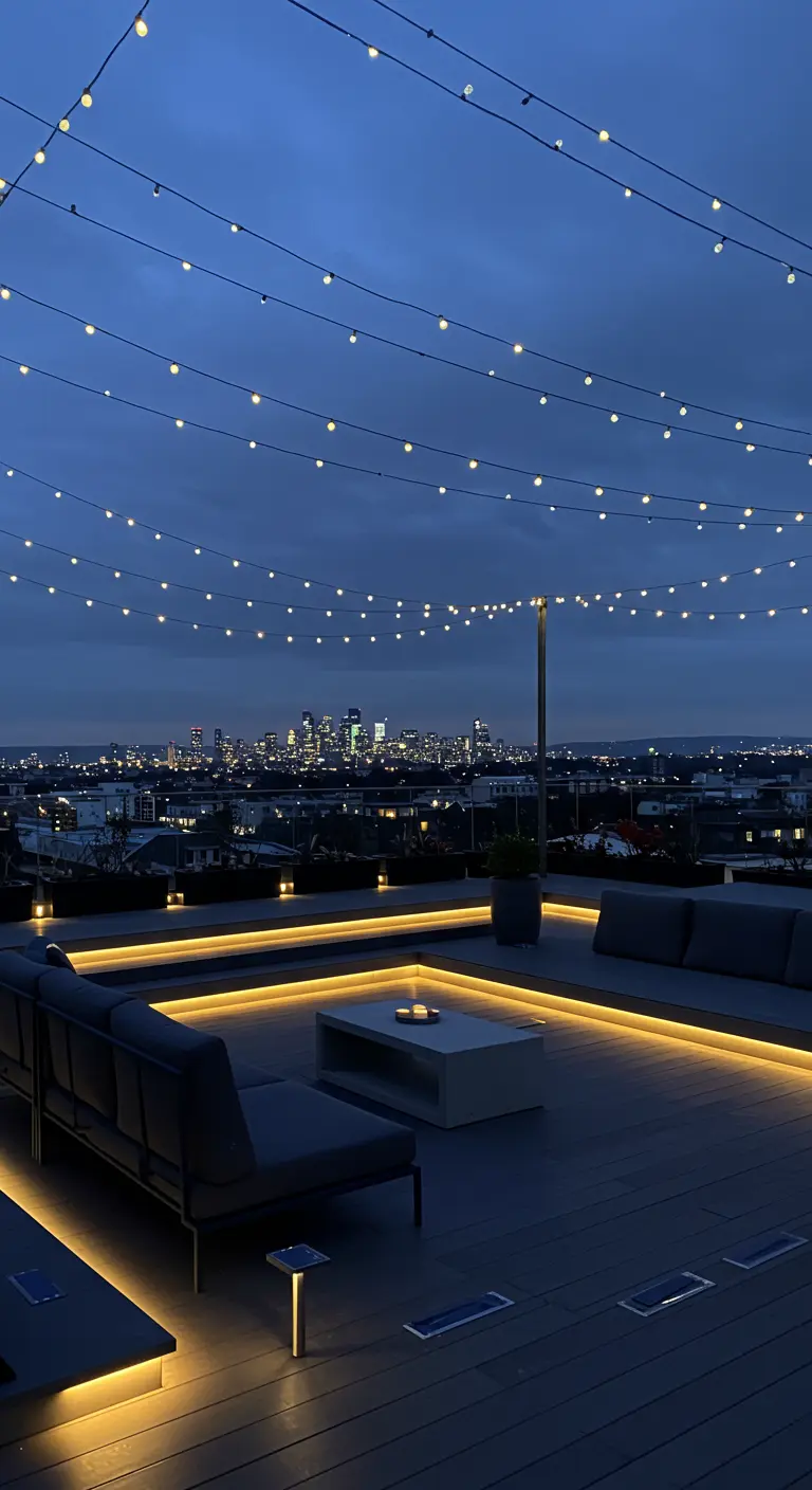Toit-terrasse moderne éclairé par des bandes LED sous les bancs et des guirlandes lumineuses en hauteur.
