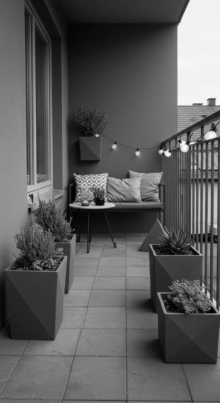 Balcon monochrome avec pots gris géométriques, succulentes et banc simple.
