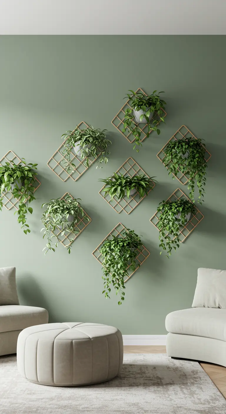 Multiples treillis en bois en forme de losange avec plantes vertes sur un mur vert pâle, design frais.