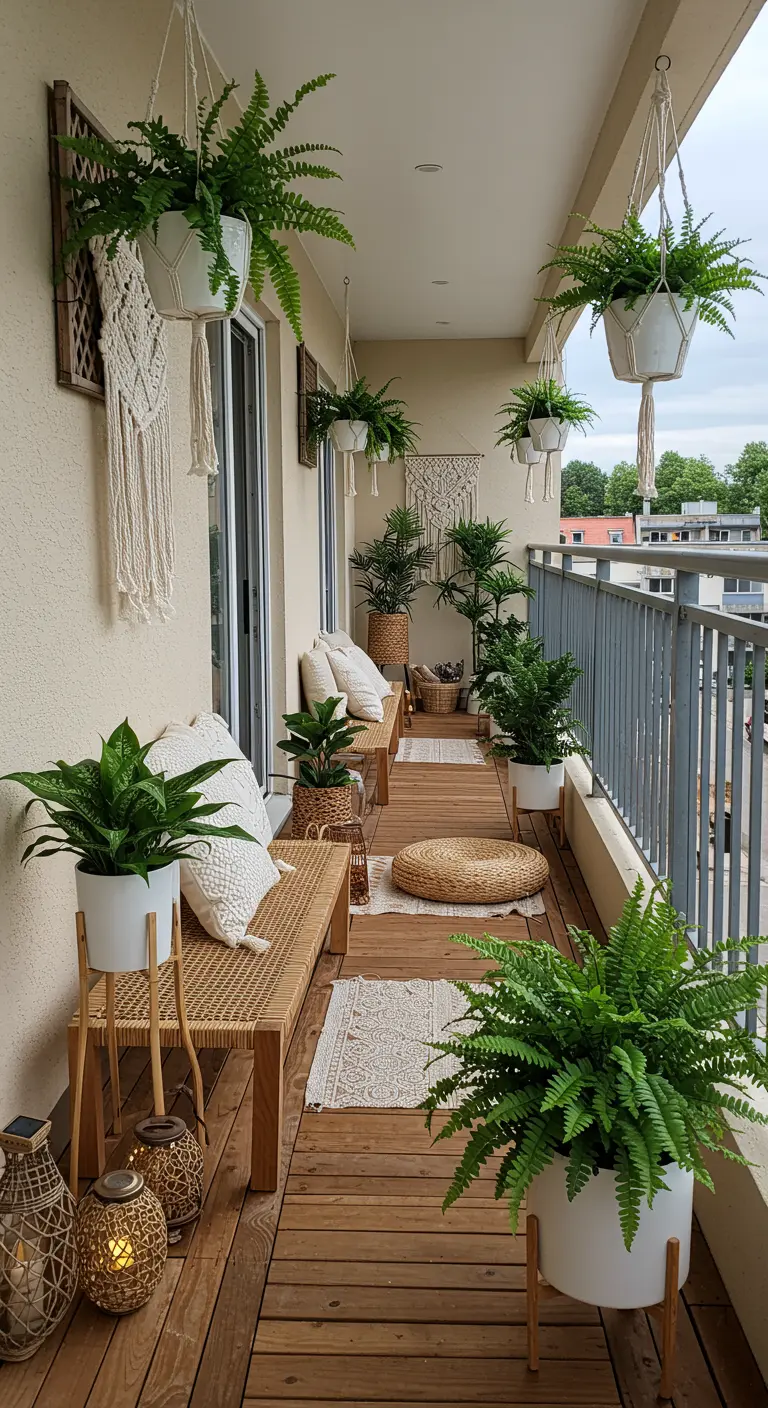 Balcon étroit avec de nombreuses fougères en pots et suspensions, banc en bois.