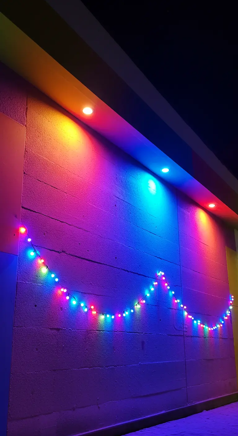 Mur uni éclairé par des projecteurs LED arc-en-ciel et une guirlande multicolore.