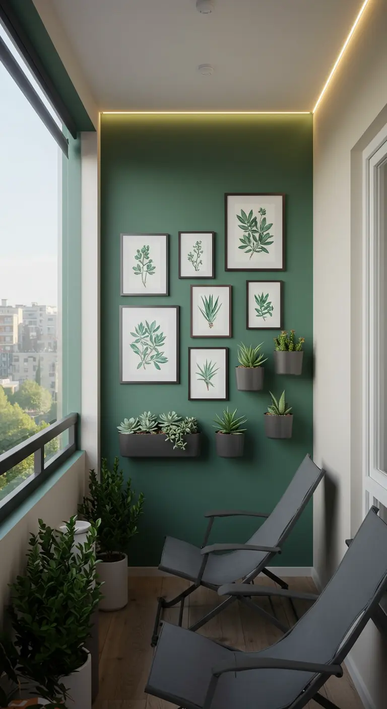 Balcon avec mur vert, cadres botaniques, jardinières murales et éclairage linéaire.