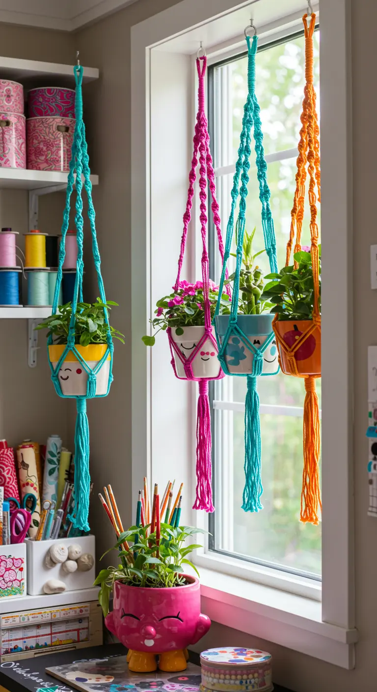 Pots en céramique peints avec des visages, suspendus par des macramés colorés devant une fenêtre.