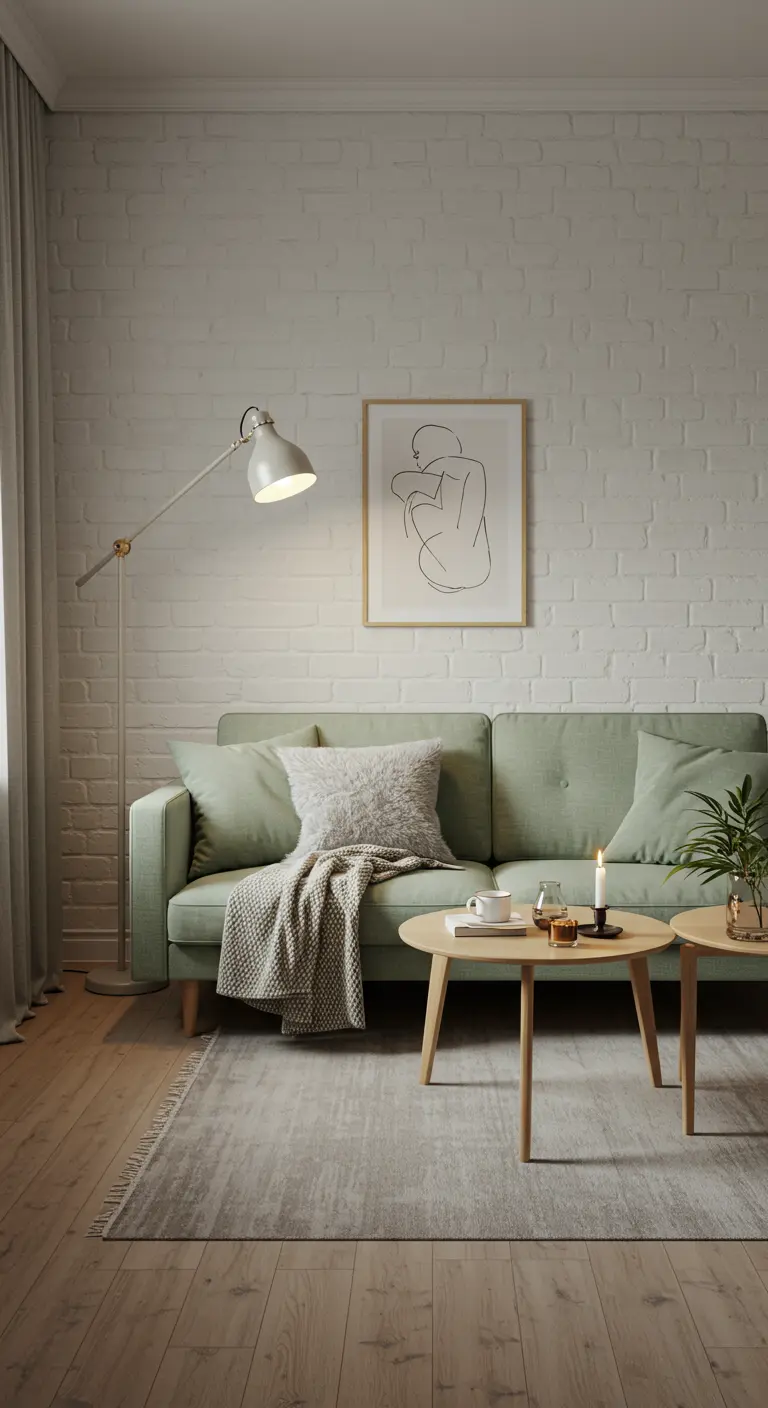 Salon scandinave avec canapé vert d'eau, mur en briques blanches, plaids douillets et tables basses en bois.