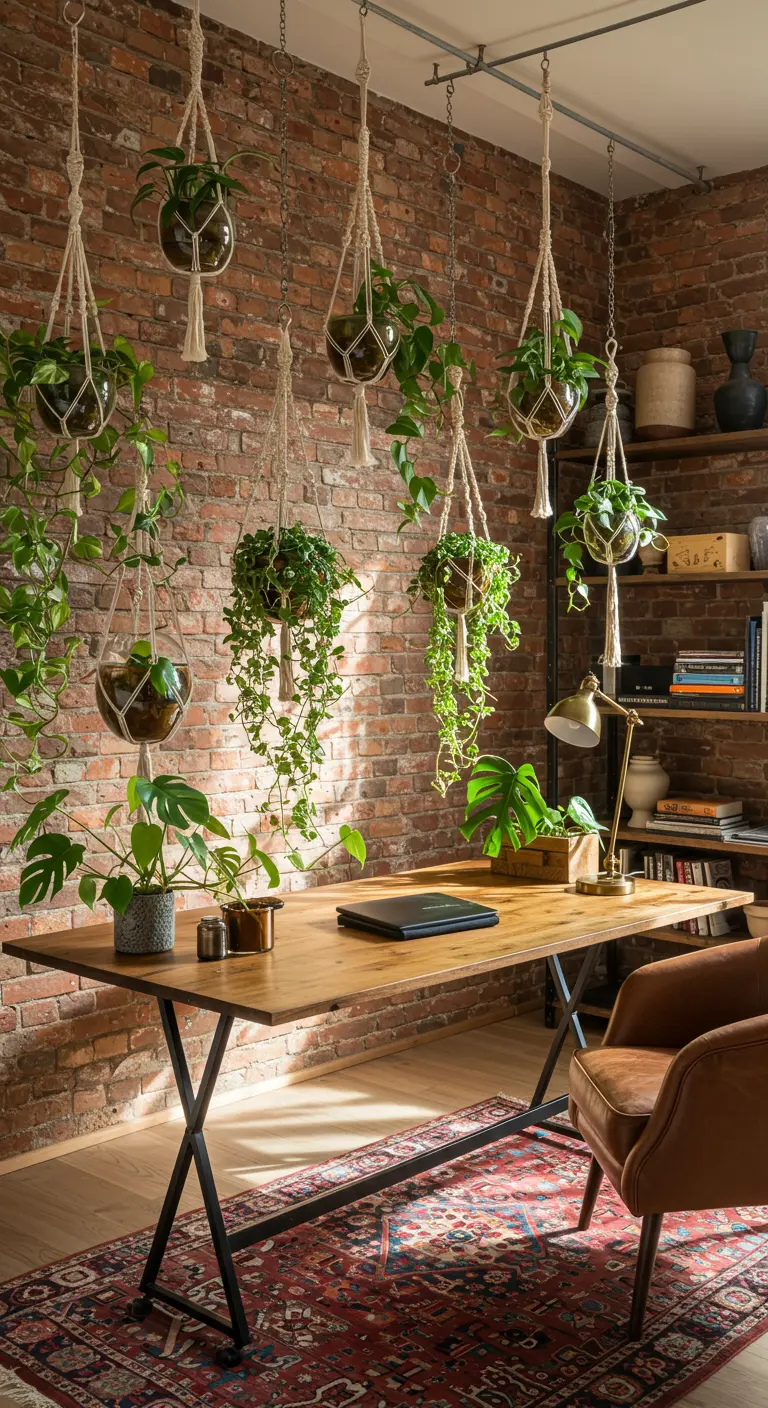 Plantes en pots de verre suspendus dans des macramés devant un mur de briques dans un bureau.