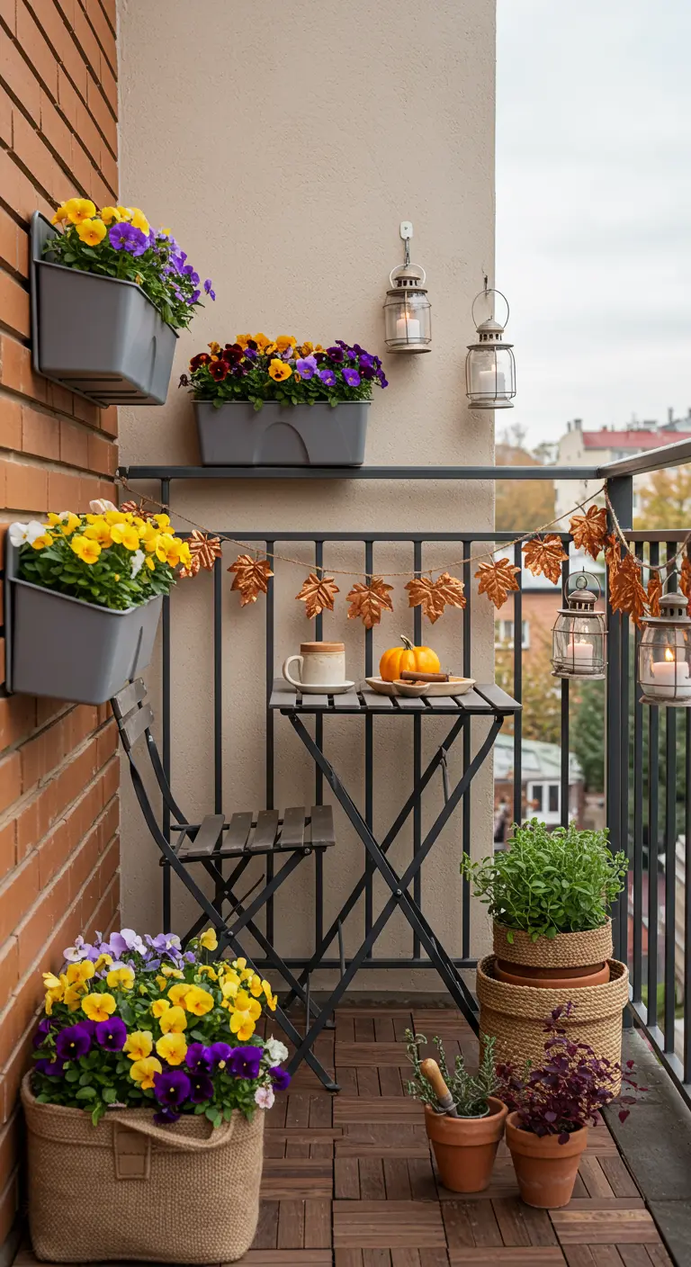 Balcon avec jardin vertical fleuri de pensées, petite table, chaises, lanternes murales et pots au sol.