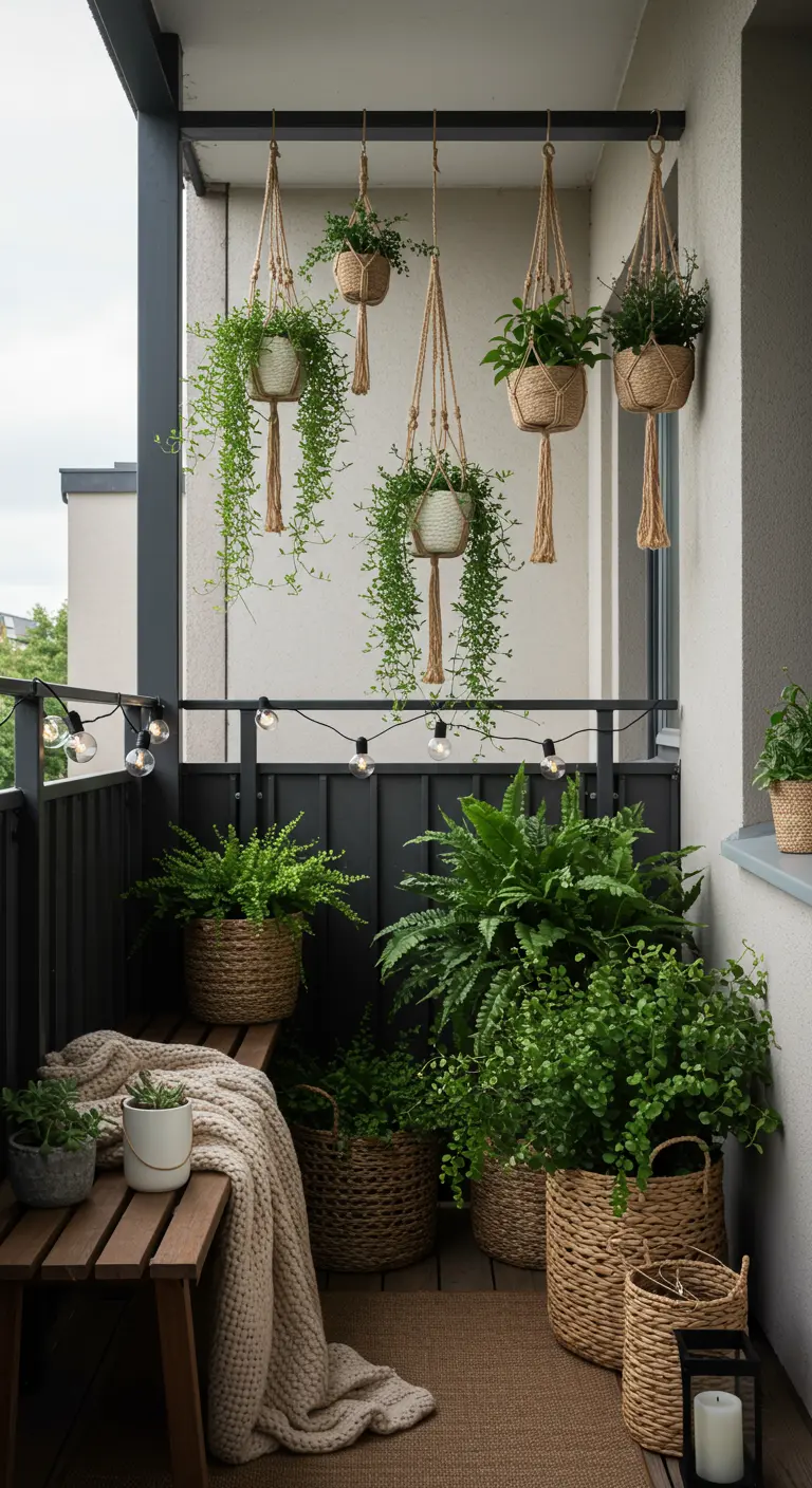 Balcon verdoyant avec fougères en paniers tressés et suspensions macramé.