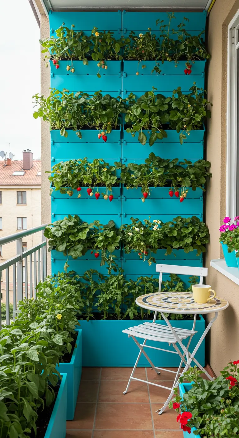 Mur de jardinières modulaires turquoise remplies de fraises et légumes sur un balcon animé