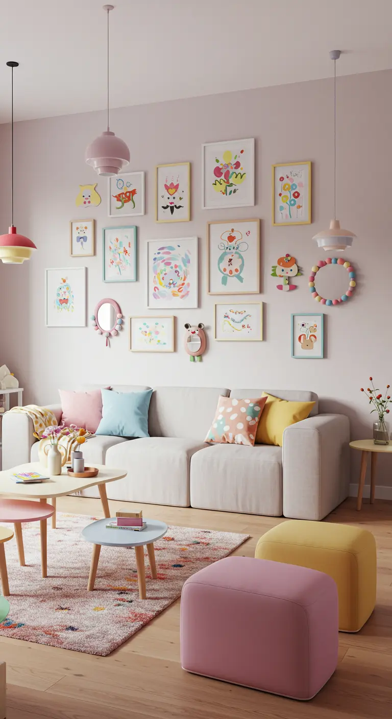 Mur de salon aux teintes roses pastel avec une galerie d'art enfantin coloré et des miroirs aux formes ludiques.
