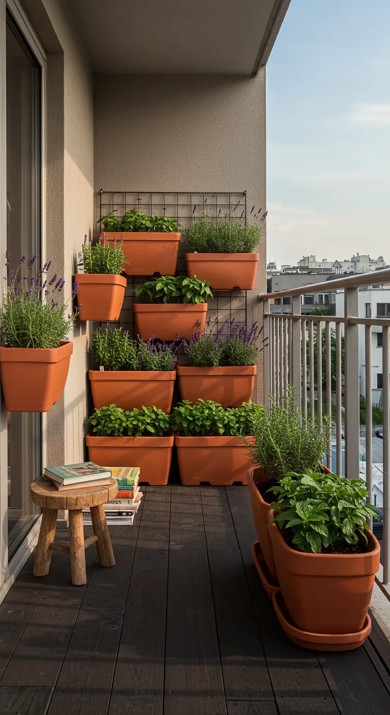 Mur végétal avec jardinières terracotta et treillis, lavande, herbes et petit tabouret en bois