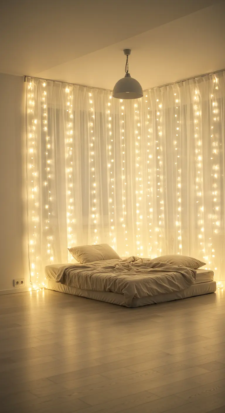 Guirlandes lumineuses LED tombantes derrière des voilages blancs dans une chambre au sol.