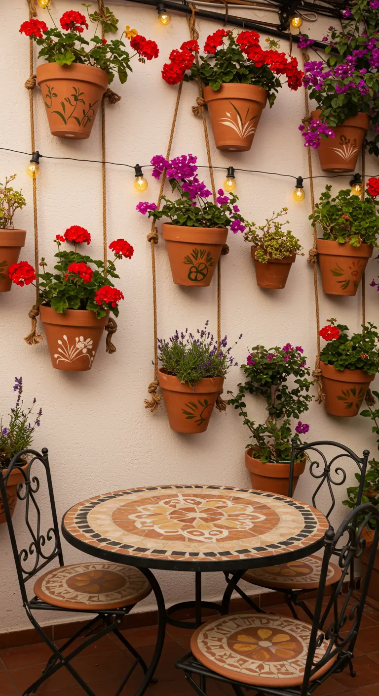 Mur blanc avec une collection de pots en terre cuite suspendus à l'aide de cordes, table en mosaïque