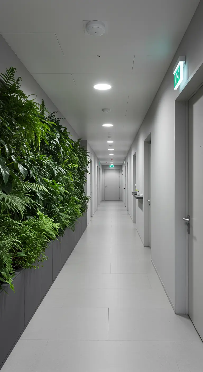 Long mur végétal luxuriant dans des jardinières grises, le long d'un couloir moderne et blanc.
