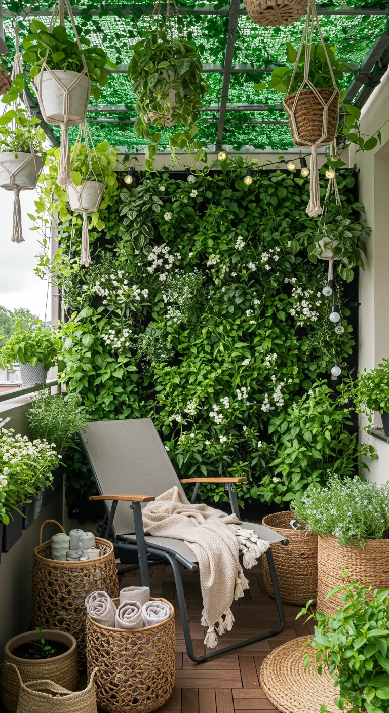 Balcon verdoyant avec mur végétal dense, suspensions et chaise confortable.