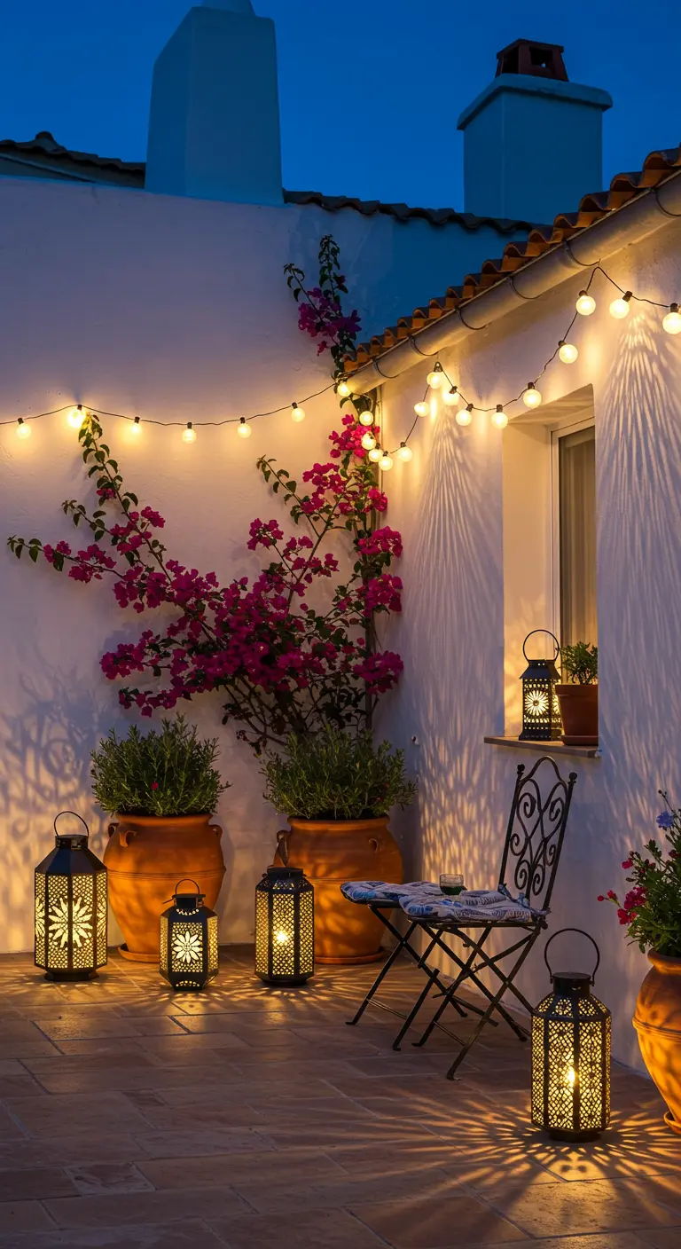 Patio méditerranéen avec bougainvillier, guirlandes lumineuses et lanternes ajourées au sol créant des motifs d'ombre.