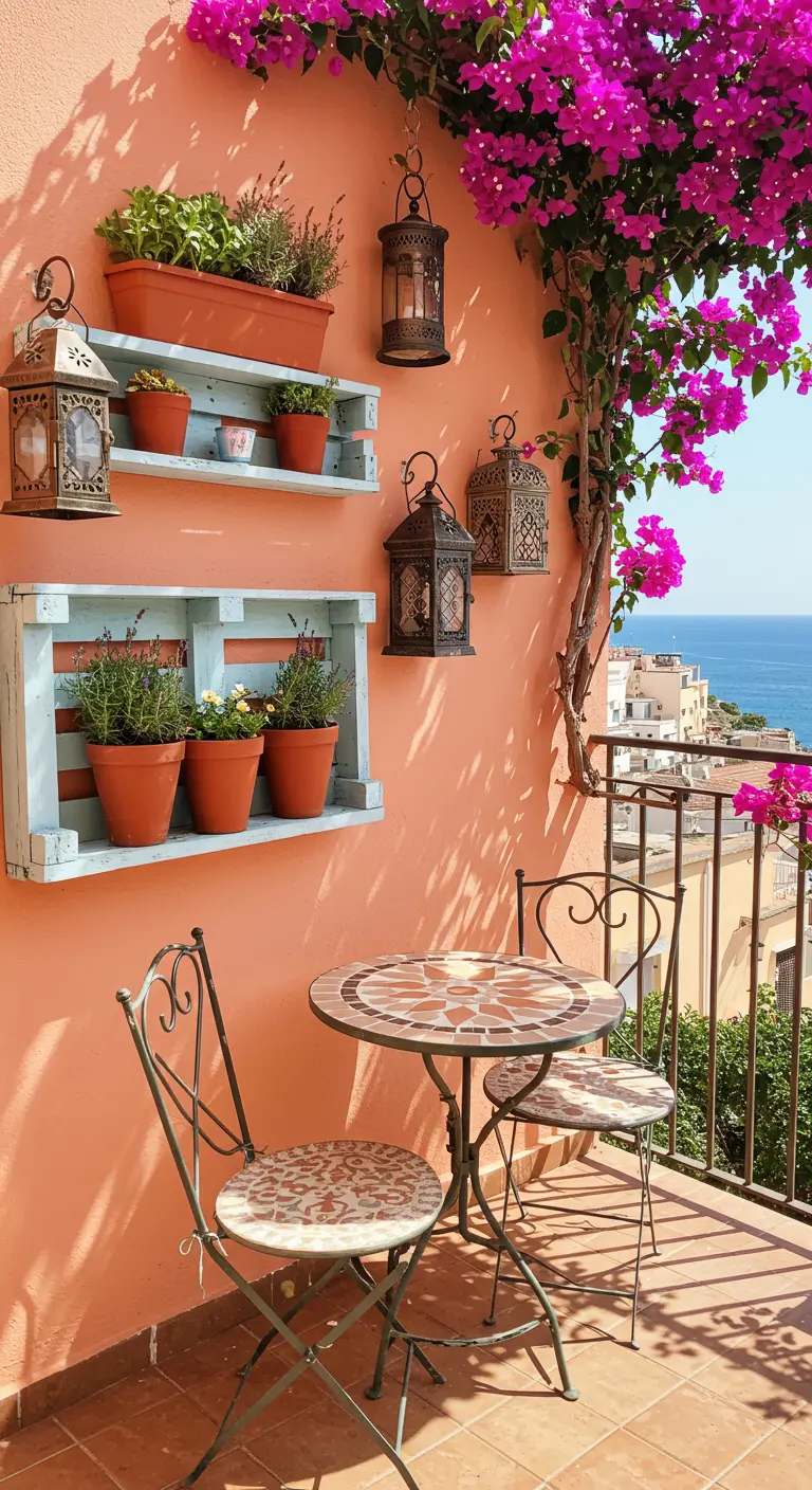 Balcon méditerranéen avec mur terracotta, bougainvillée fuchsia, étagères avec pots en terre cuite et lanternes suspendues.