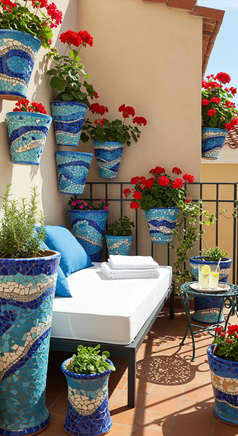 Balcon avec pots muraux et au sol en mosaïque bleue et blanche, géraniums rouges, canapé-lit blanc.