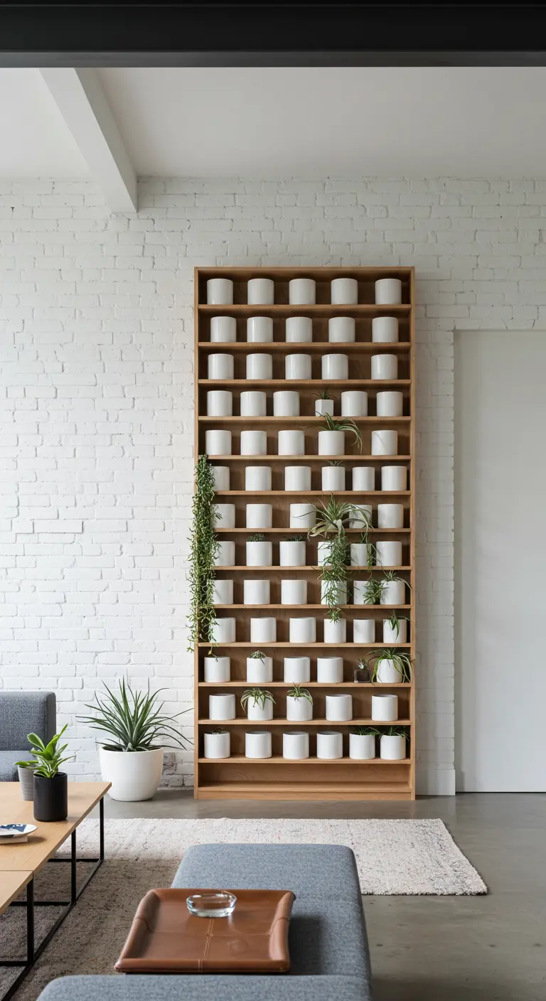 Collection de petits pots blancs et plantes vertes sur une grande étagère en bois, mur de briques blanches.