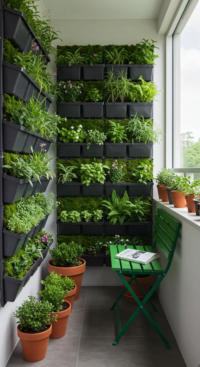 Balcon avec un mur végétal dense de jardinières noires et plantes vertes.