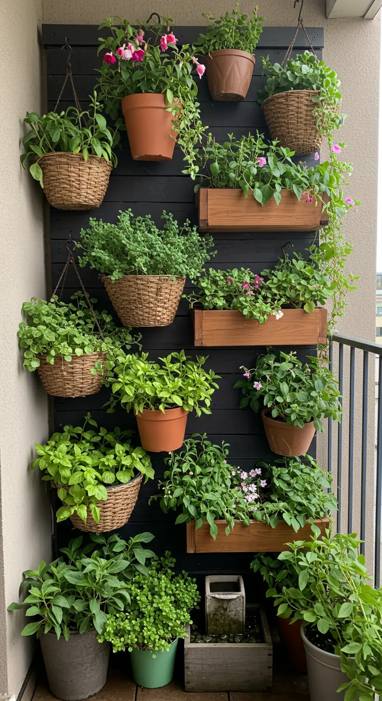 Mur végétal en bois avec diverses jardinières suspendues et plantes vertes