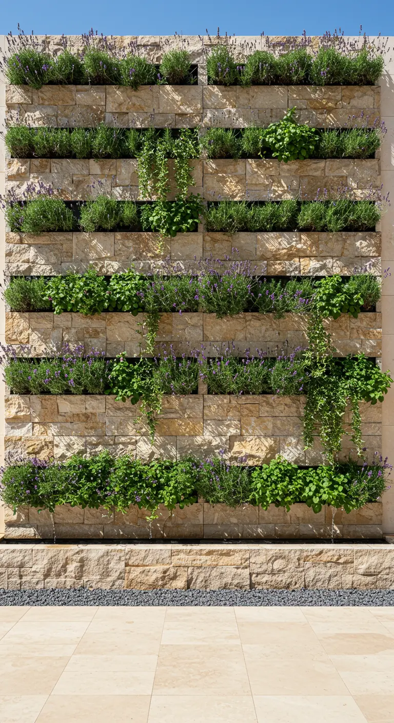 Mur végétal en pierre avec des bandes de lavande et de plantes vertes retombantes.
