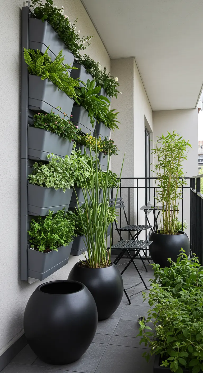 Balcon avec un mur végétal gris et de grands pots ronds noirs avec bambou et autres plantes.