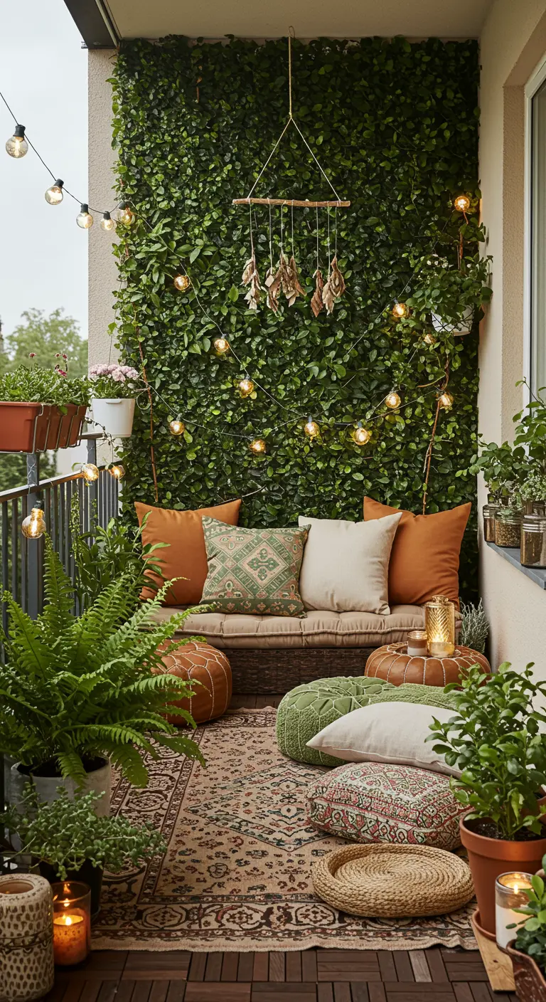 Balcon avec mur végétal, banquette, coussins verts/ocres, poufs et guirlandes lumineuses.