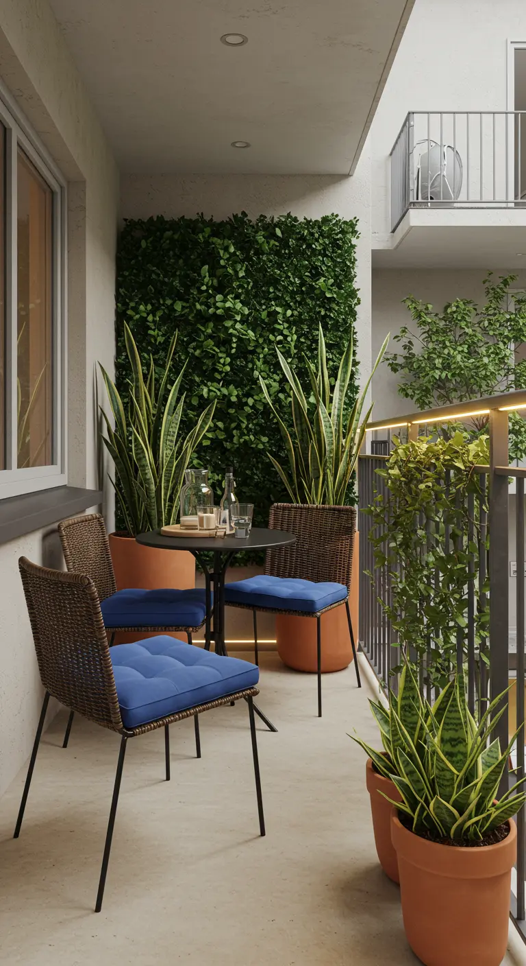 Balcon moderne avec mur végétal, plantes graphiques en pots de terre cuite et coussins bleus.