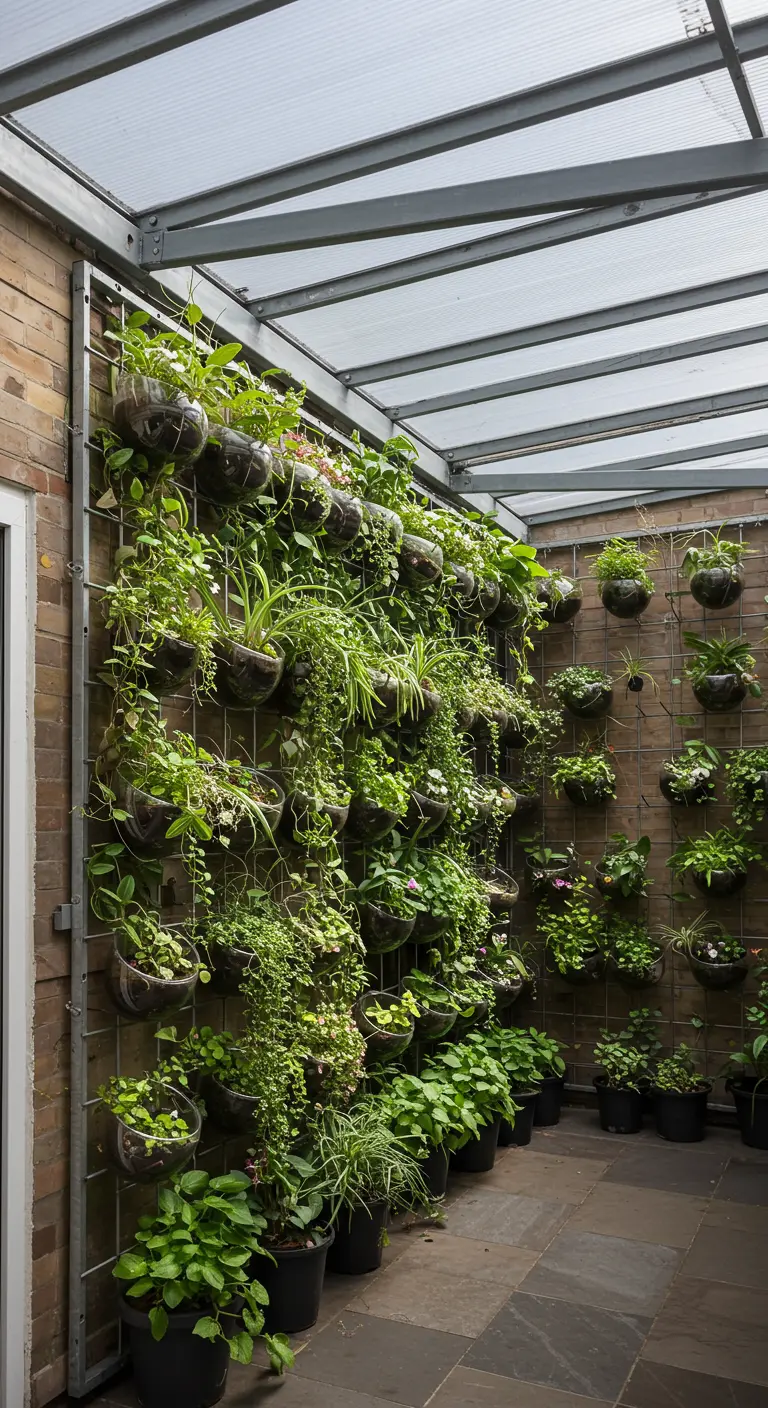 Grand mur végétal avec des plantes variées en pots de verre sur un treillis métallique dans une cour intérieure.