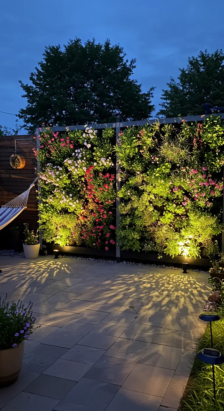 Deux murs végétaux fleuris illuminés par des spots, avec un hamac suspendu.
