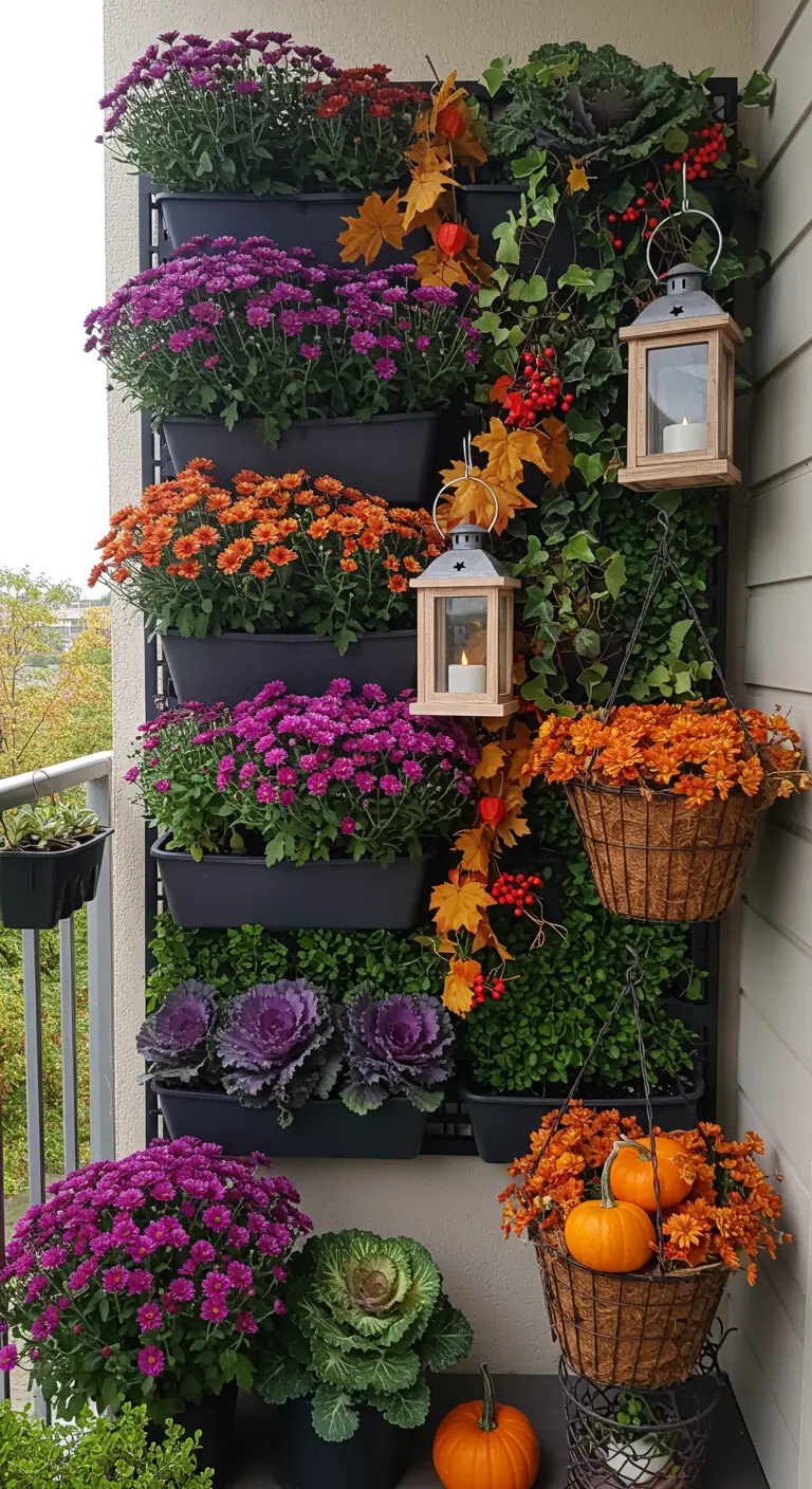 Mur végétal de balcon avec chrysanthèmes, choux ornementaux, lierres, lanternes et citrouilles décoratives.
