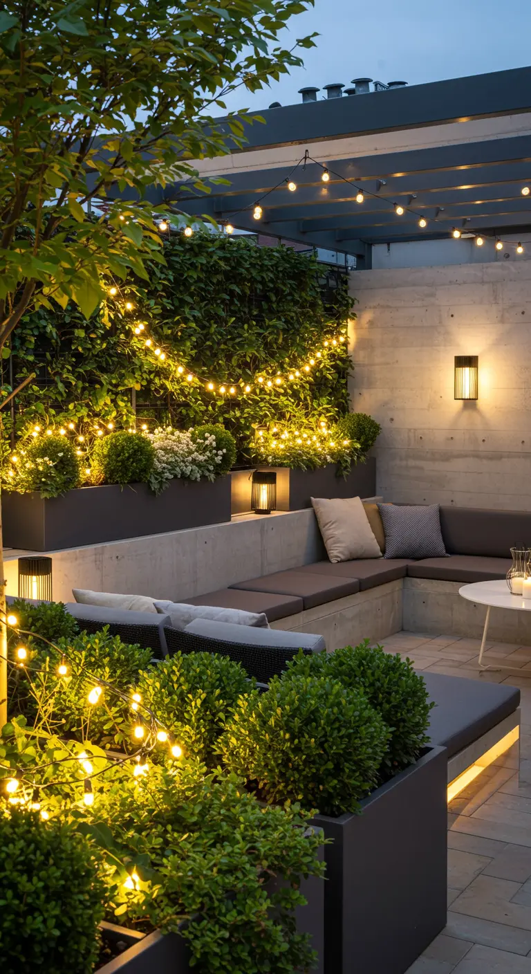 Jardin urbain moderne avec mur végétal, guirlandes lumineuses et lanternes noires contemporaines.