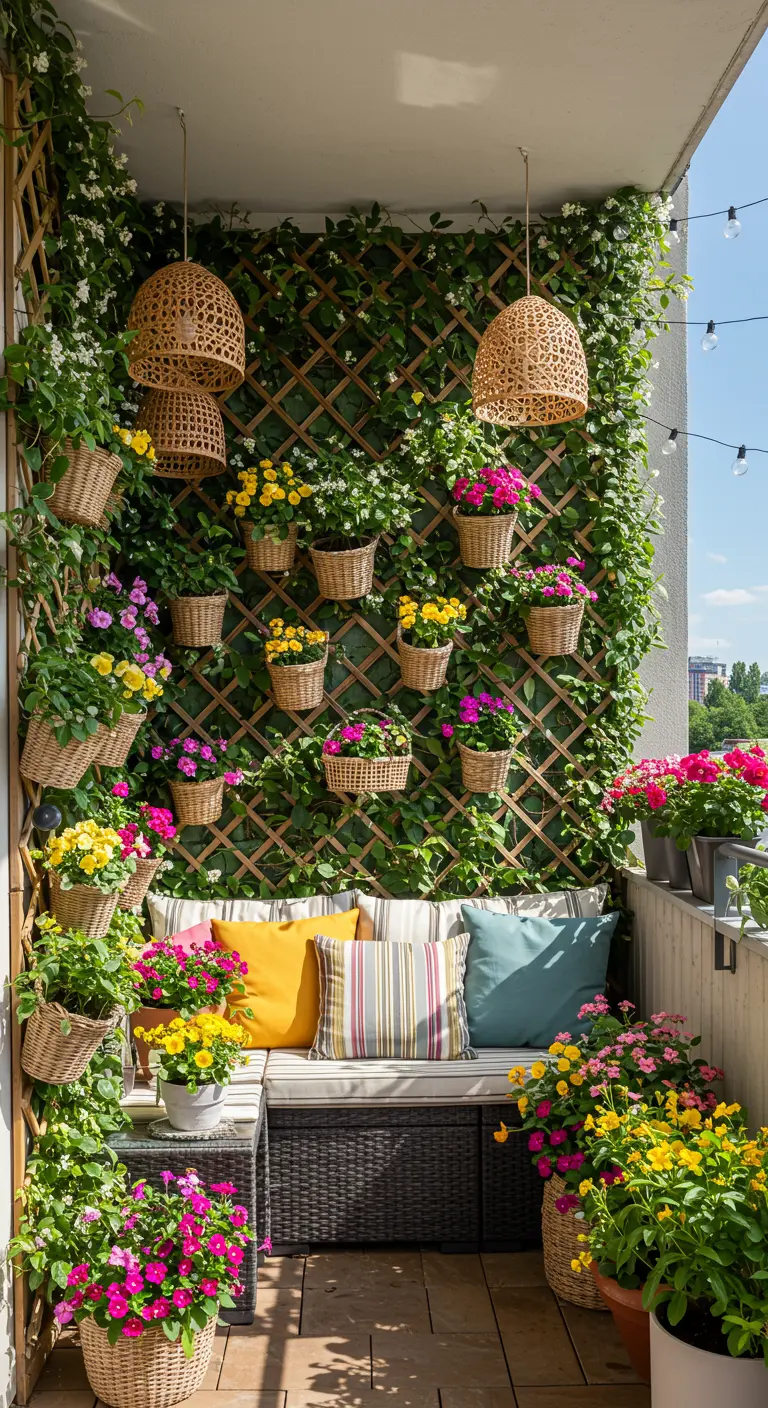 Balcon luxuriant avec mur végétal, treillis et paniers fleuris colorés.