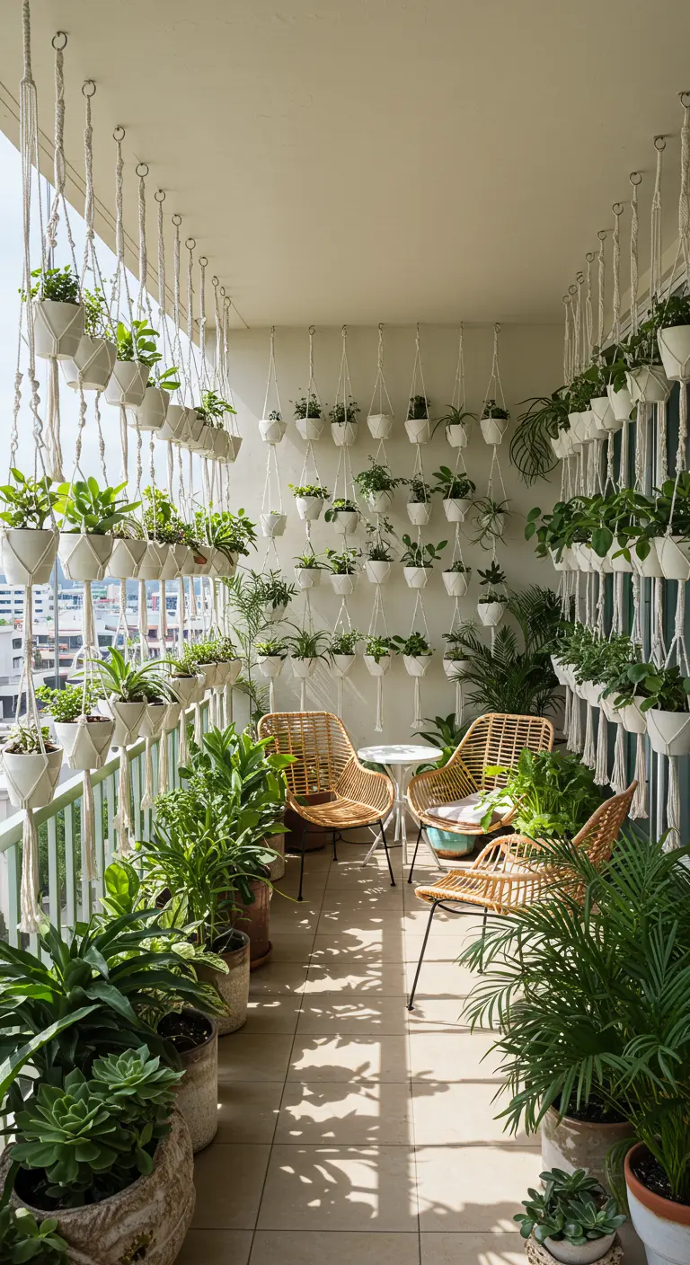 Balcon luxuriant avec un mur végétal de nombreux pots blancs suspendus en macramé.
