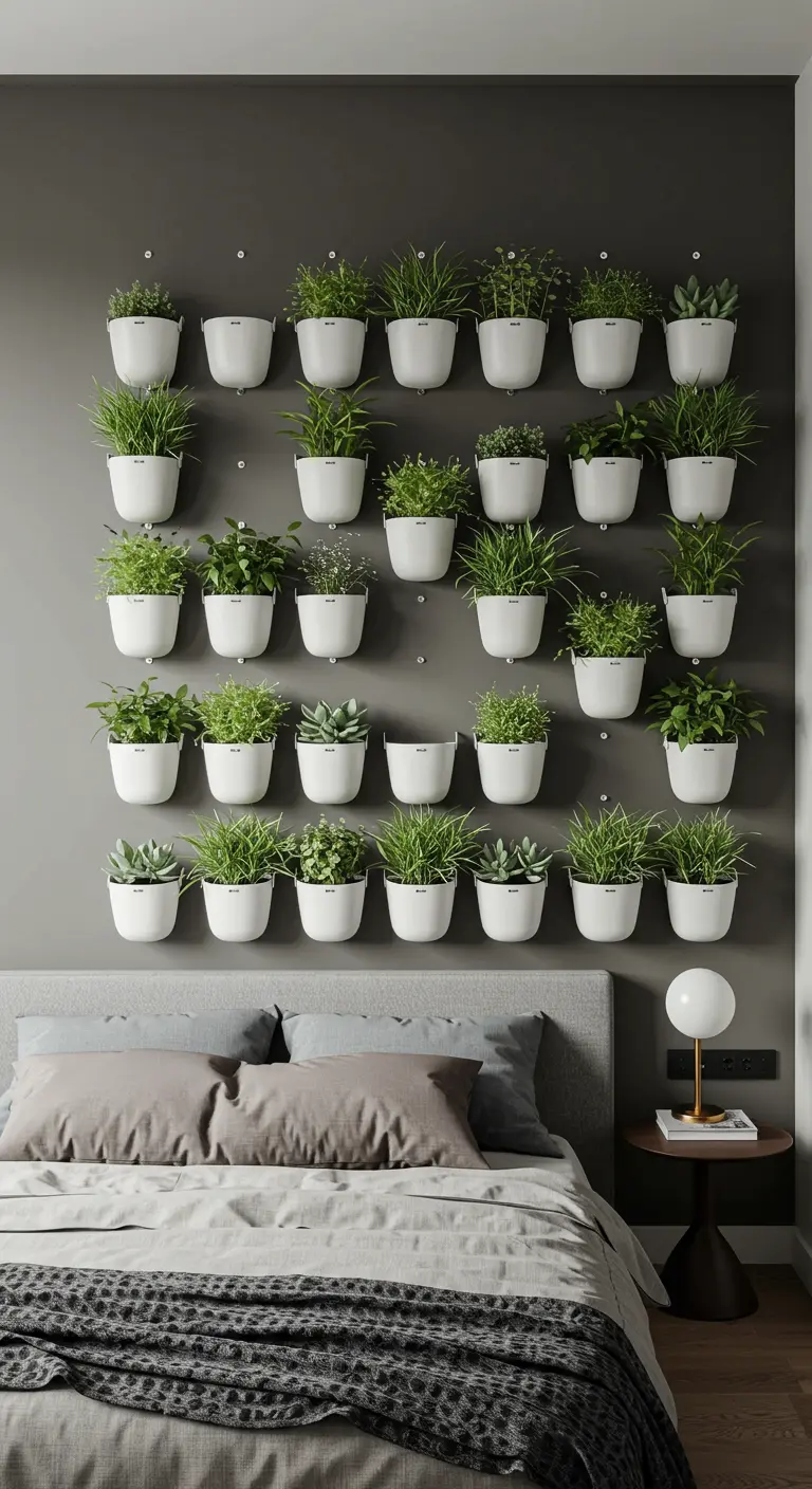 Mur gris couvert de nombreux pots blancs et de plantes vertes variés, au-dessus d'un lit.
