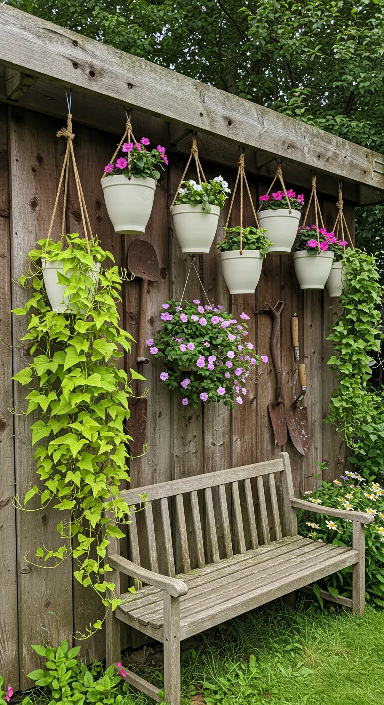 Mur de cabanon en bois avec pots blancs suspendus de fleurs et de plantes retombantes, outils de jardin.