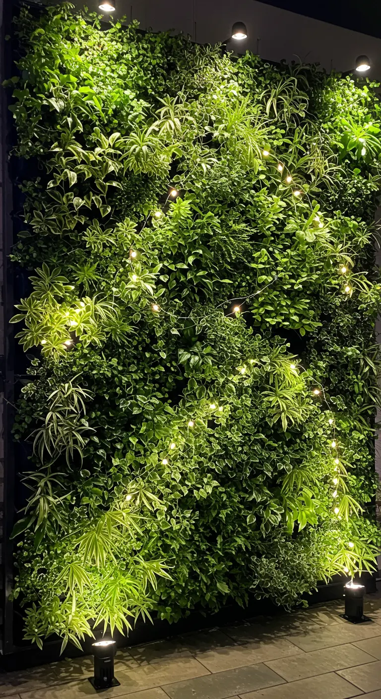 Mur végétal luxuriant éclairé par des guirlandes LED intégrées et des spots solaires au sol.