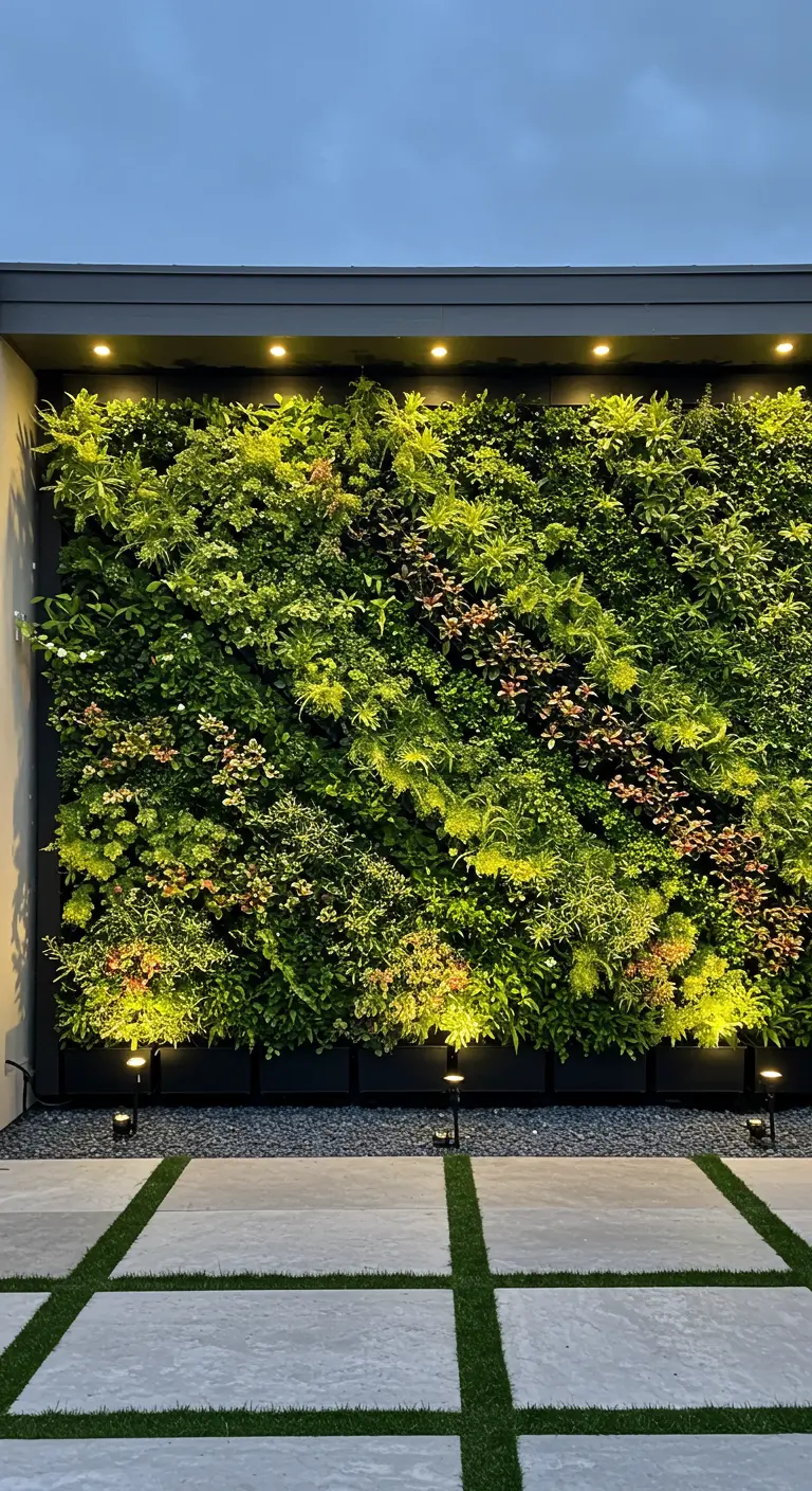 Mur végétal luxuriant éclairé par des spots solaires intégrés.