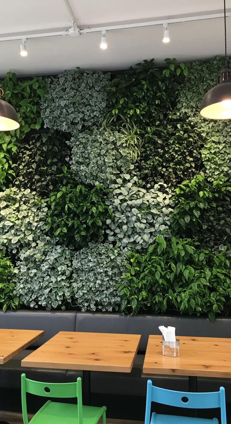 Mur végétal intérieur avec des mélanges de plantes vertes et argentées de différentes textures.