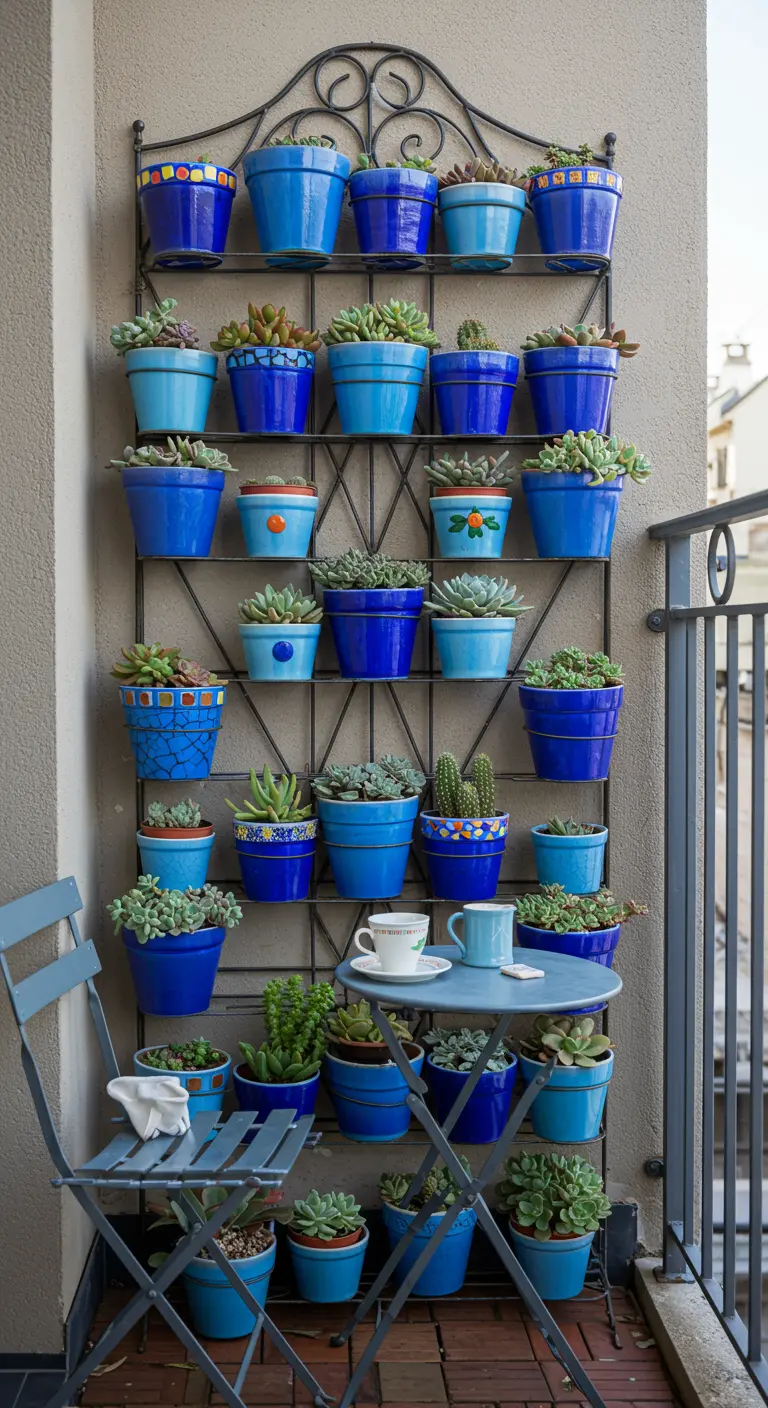 Mur de balcon avec un treillis en fer forgé supportant de nombreux pots bleus et des succulentes.