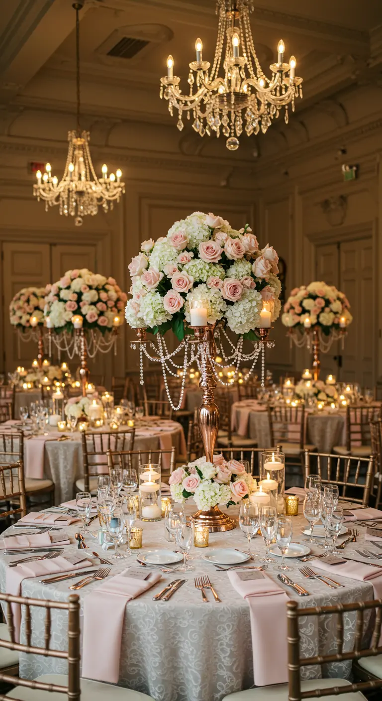 Table ronde élégante avec un grand centre de table rose gold, fleurs roses et blanches, bougies et guirlandes de perles.