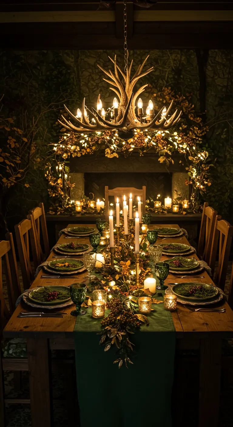 Longue table en bois dans un décor de forêt enchantée, avec lustre à cornes, guirlandes lumineuses et bougies.
