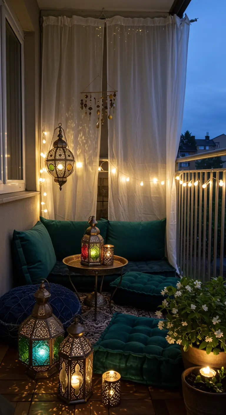 Balcon intime avec rideaux blancs, lanternes marocaines, coussins bleus et lumières douces.